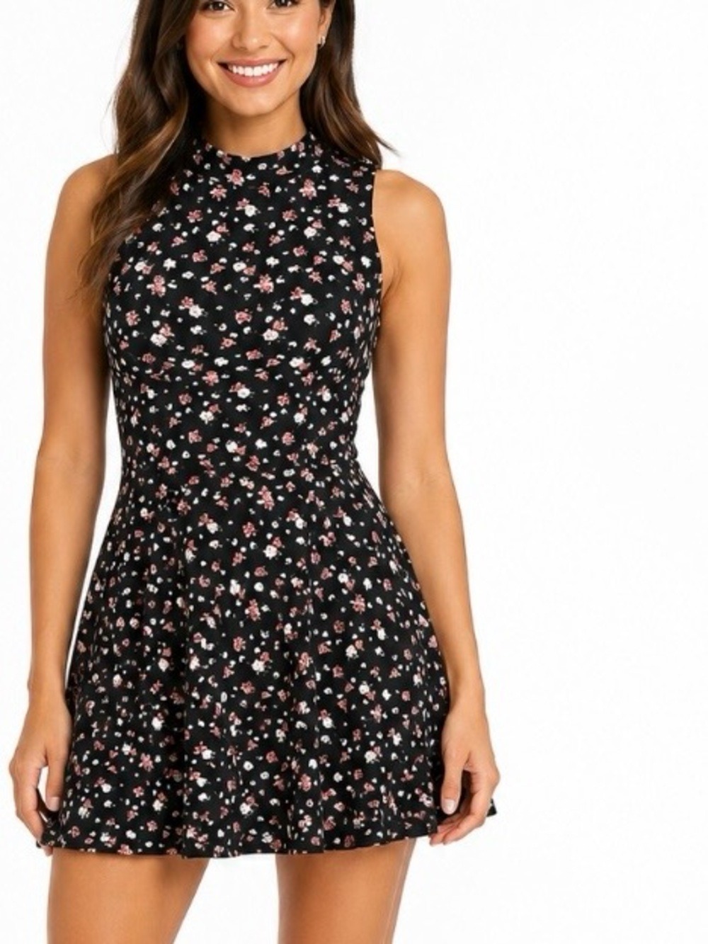 Black Floral Sleeveless Fit and Flare Mini Dress